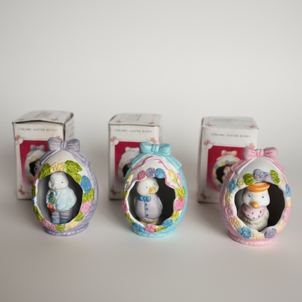 Vintage Ceramic Easter Egg Figurines Set 3 Bunny Duck